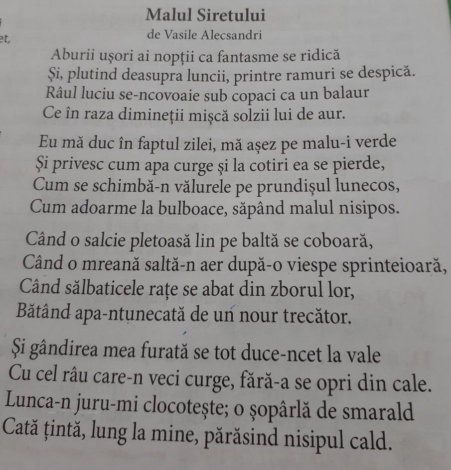 Versurile poeziei Malul Siretului de Vasile Alecsandri